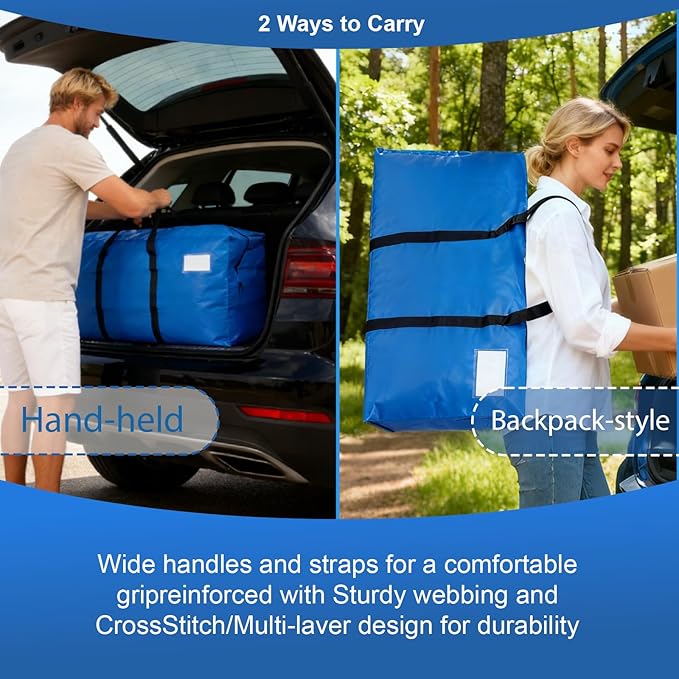 6 Pack Heavy Duty Moving Bags with Backpack Straps & Handles, Large Storage Bags with Zipper for Clothes, College Moving Supplies and Dorm Essentials (24 Gal, Blue)