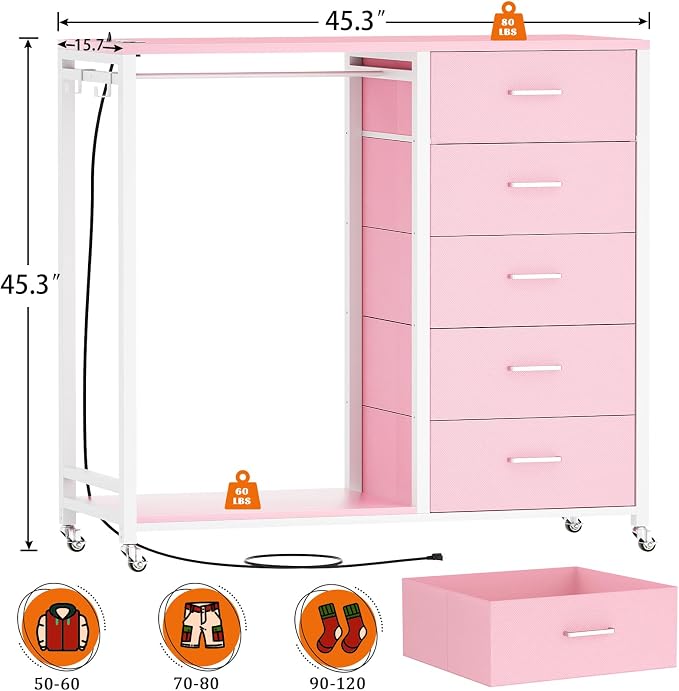 Cyclysio Storage Clothes Rack with 5 Drawers, Garment Rack with Charging Station & LED Lights, Fabric Chest Shelves Clothing Rack, Wooden Portable Wardrobe Closet