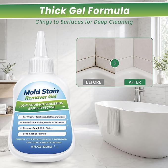 Mold-Stain Remover Gel for Washing Machine Seal & Bathroom – Low Odor Gel for Front Load Washer Gasket, Shower Grout, Caulk, Silicone Sealant, Tile & Kitchen Sink