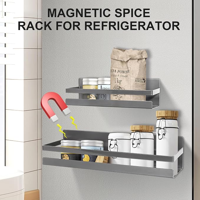 Uten Magnetic Spice Rack for Refrigerator 2 Pack, Kitchen Spice Organizer | Heavy Duty Metal Magnetic Schelves, Capacity of up to 23lbs, Muti-Use for Kitchen, Washing Machine, 16"*4.5" and 12"*4", Gray