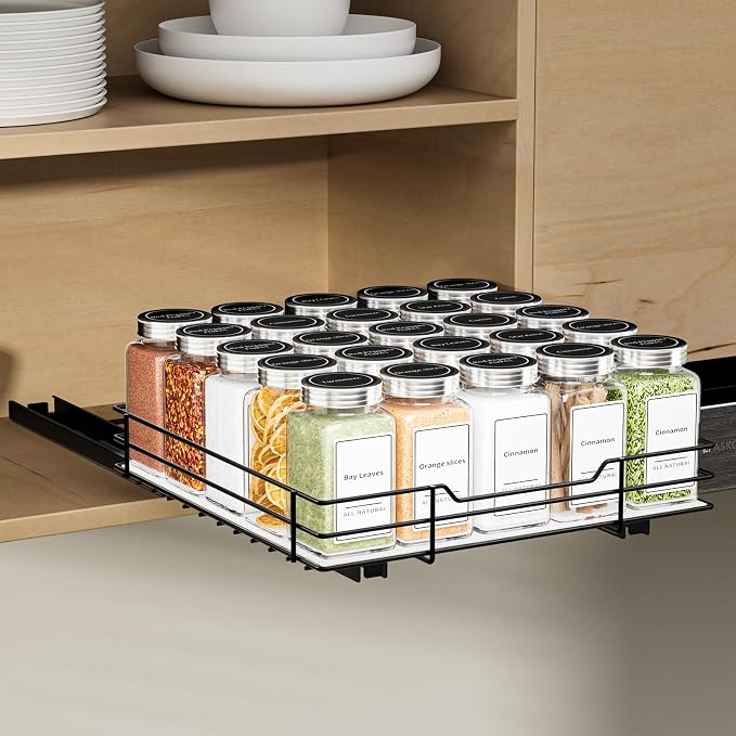 BOIVSHI Pull Out Spice Rack, Slide Out Spice Rack for Cabinet, Spice Organizer for Kitchen and Pantry, Fits Spices, Sauces, Canned Food (10.5''Wx10.5''Dx2.5''H)