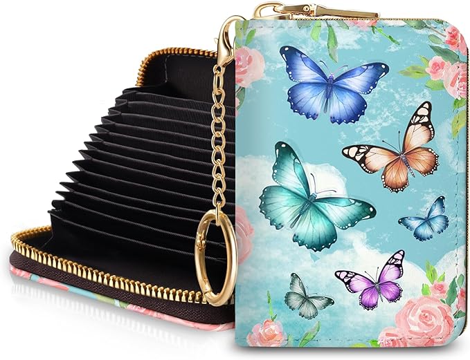 Blusabaca RFID Credit Card Holder Small Women Travel Wallet, Butterfly | Removable Keychain, Case with Zipper, Vegan PU Leather, Cash Coin Pocket, Business Accordion Purse, Ladies Female Gift
