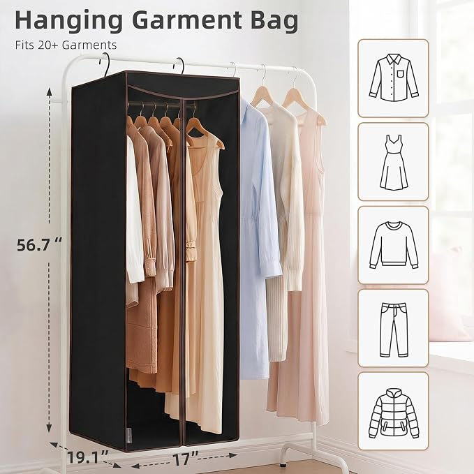 STORAGE MANIAC 57" Hanging Garment Bag Zipper Cover with Sealed Clear Window, Long Garment Cover for Closet Storage Wardrobe Clothes Protector, Large Garment Storage Bag for Dresses, Black，2-Pack