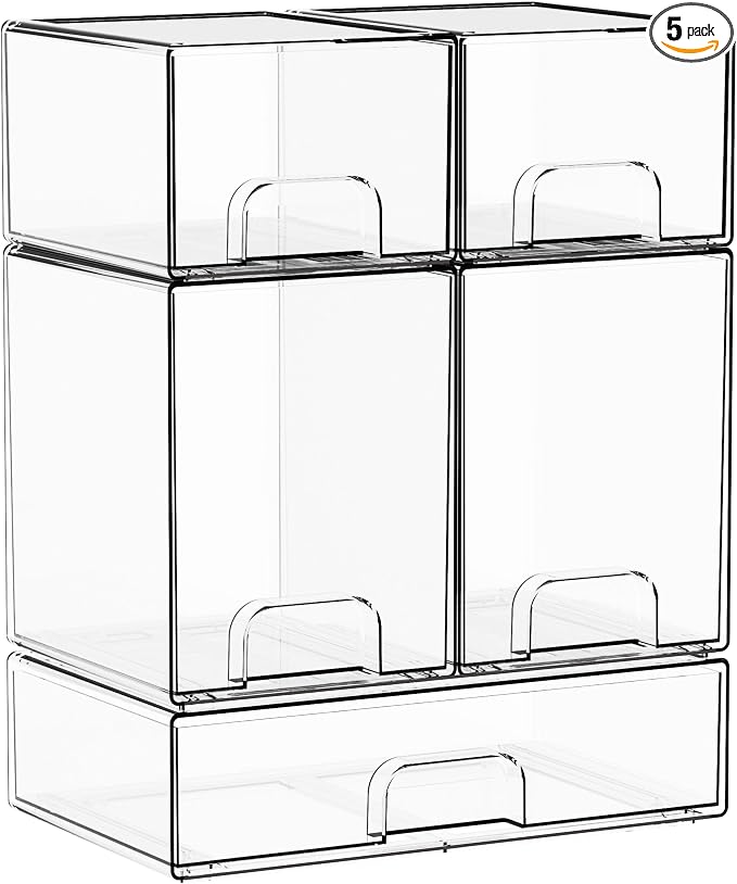 Yieach 5 Set Clear Stackable Storage Drawers and Acrylic Drawer Organizer,BPA Free Baby Bottle Organizer for Countertop and Bottle Station Organizer for Breast Pump Parts,Pacifier and Baby Accessories