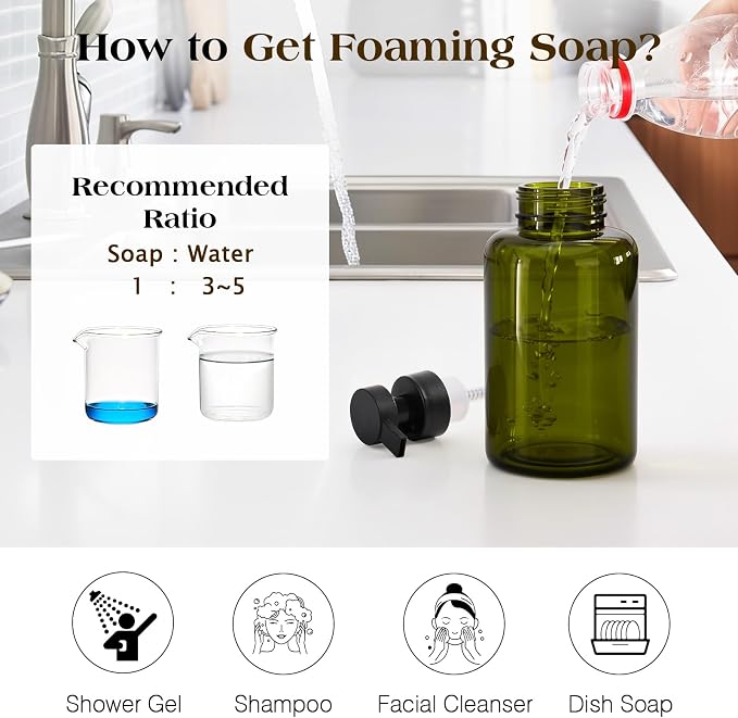 Luxspire Foaming Soap Dispenser, Glass Foam Pump Soap Dispenser, Non-Slip Hand Soap Container with 5 Waterproof Labels, 15 Oz Refillable Liquid Soap Holder for Bathroom & Kitchen, Olive Green, 2 Pack