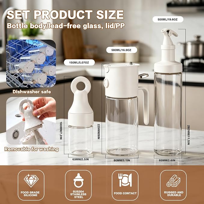 3-Piece Oil Dispenser Set, 580ml 3-in-1 Olive Oil Sprayer and Pourer, Includes Oil Bottle with Silicone Basting Brush and Large-Capacity Glass Dispenser for Air Fryer, BBQ and Baking