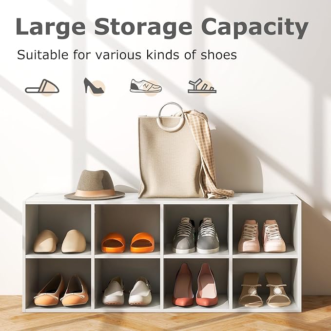 Tangkula 8 Cubbies Shoe Storage Bench, Shoe Organizer with 500 LBS Weight Capacity, Cubby Shoe Rack Storage Cabinet for Entryway, Hallway, Living Room and Bedroom (White)
