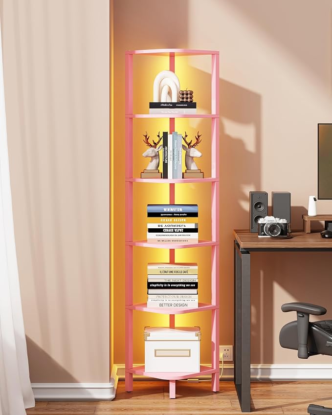 TUTOTAK Corner Shelf with LED Light, 6-Tier Corner Bookshelf for Small Space, Narrow Display Corner Shelf Stand with Storage Rack, for Living Room, Bedroom, Pink BS08BP006L