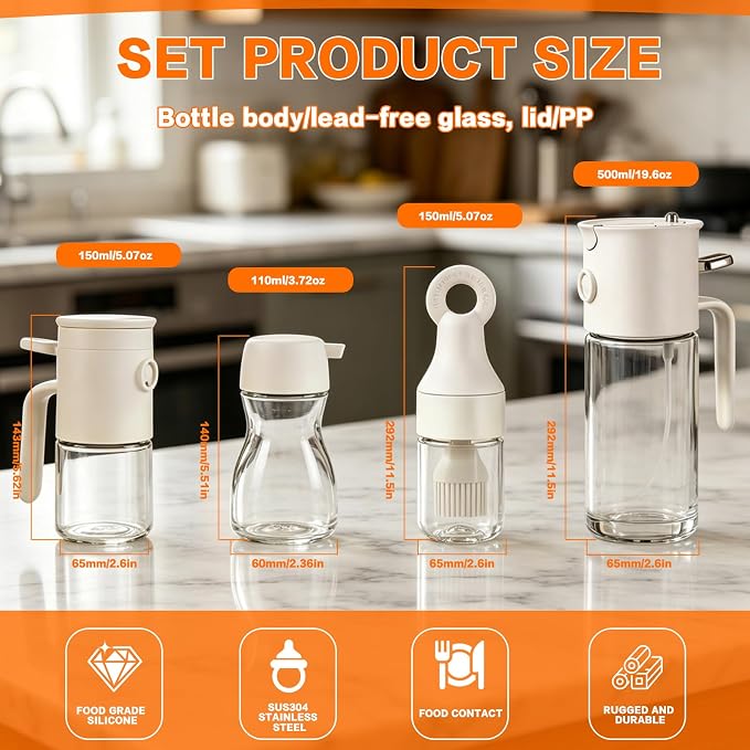 4PCS Oil dispenser Set, 580ML Borosilicate Glass 3-in-1 oil bottle with 3-Piece Mini Kit for Kitchen, Air Fryer, Camping & Baking