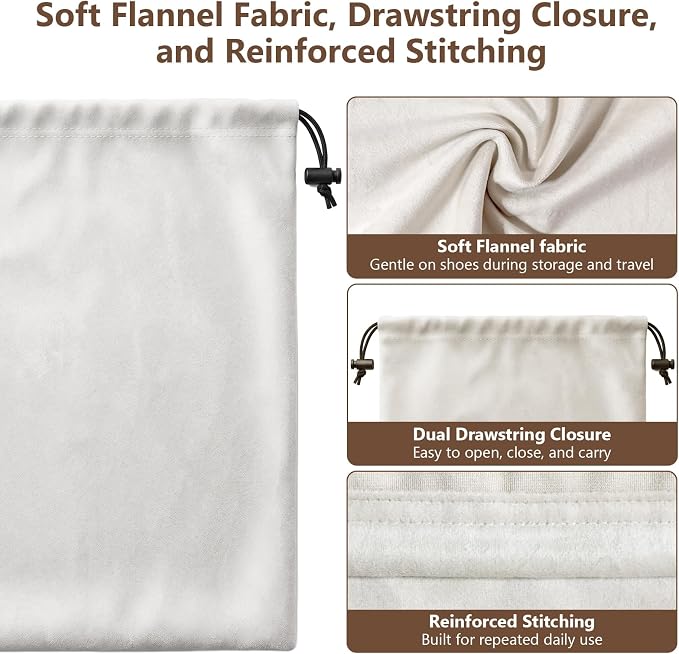 Upgraded Shoe Bags for Travel, 6 Pack Soft Flannel/Cloth/Fabric | Large 17.7 x 13.8 Inches | Fits One Pair of Shoes up to Men's US Size 13 | Washable & Reusable | Ideal for Suitcase Packing