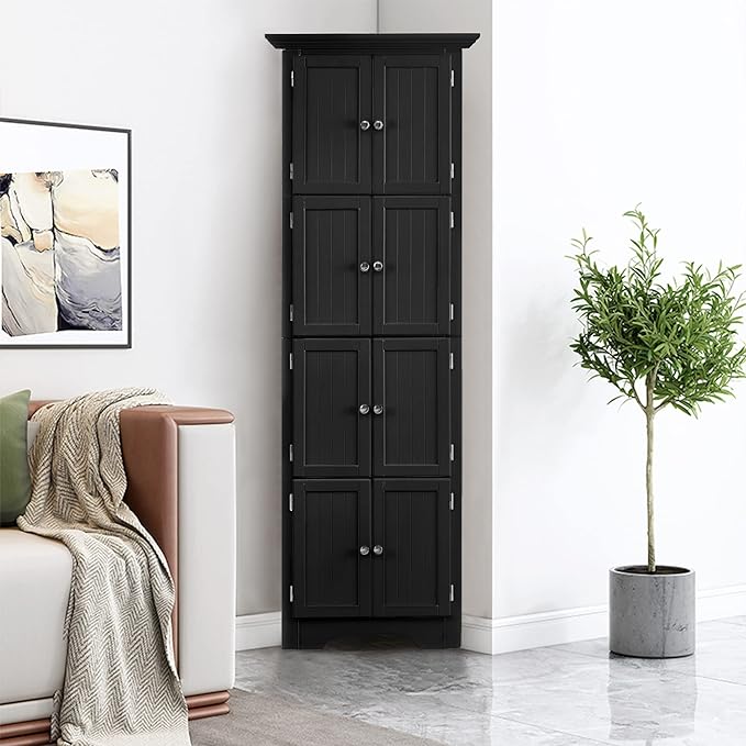 Tall Corner Storage Cabinet with Doors and 4 Shelves, Freestanding Triangle Cabinet for Living Room, Kitchen, Office, Small Space, Floor Corner Storage Rack (Black)