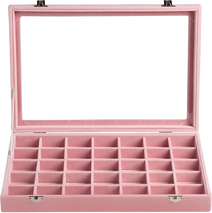 Frebeauty 35 Grid Earring Organizer,Velvet Jewelry Tray with Clear Lid | Drawer Jewelry Organizer for Rings Studs Beads,Adjustable Dividers,Dustproof Design,Earring Storage,Trinket Box,13.8×9.5Inch