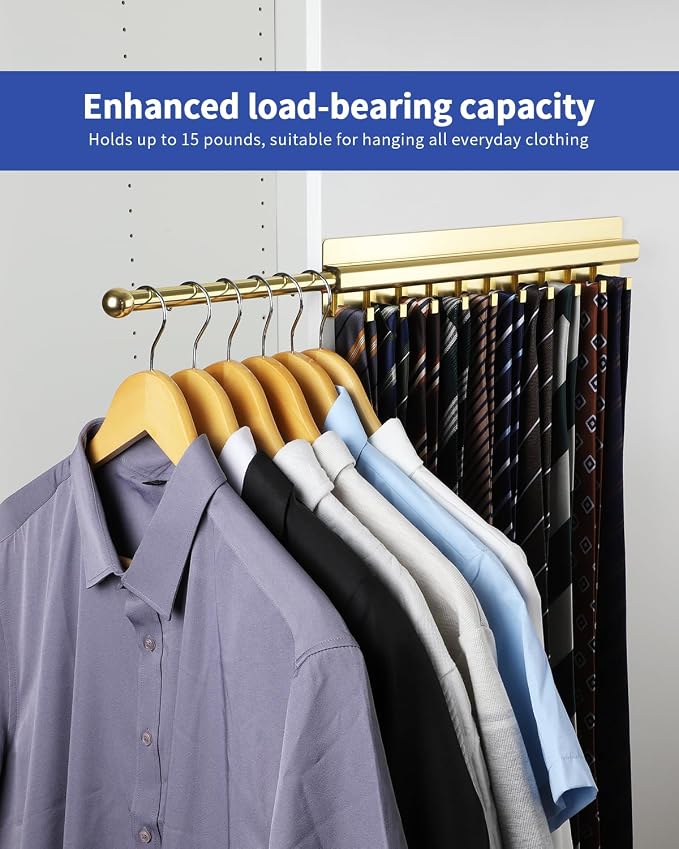 BaiNong Adhesive Valet Rod for Closets Pull Out 16.5" Gold with 10 Hooks | Multifunctional Closet Valet Rod Slide Out for Closets Belt Organizer for Closet Tie Rack Hanger for Closet Space-Saving