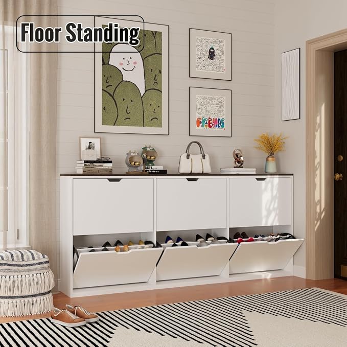 Mekminop 70.9" W Large Shoe Storage Cabinet with 6 Flip Drawers, White Shoe Organizer Cabinet for Up to 36 Pairs, Narrow Shoe Cabinet for Entryway, Hallway, Living Room