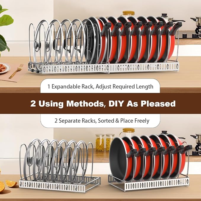 Housolution 2 Pack Pot and Pan Organizer, 12"-23" Expandable Pot Lid Organizer with 14 Adjustable Dividers, Pan Lid Holder Storage Rack for Cabinet, Silver