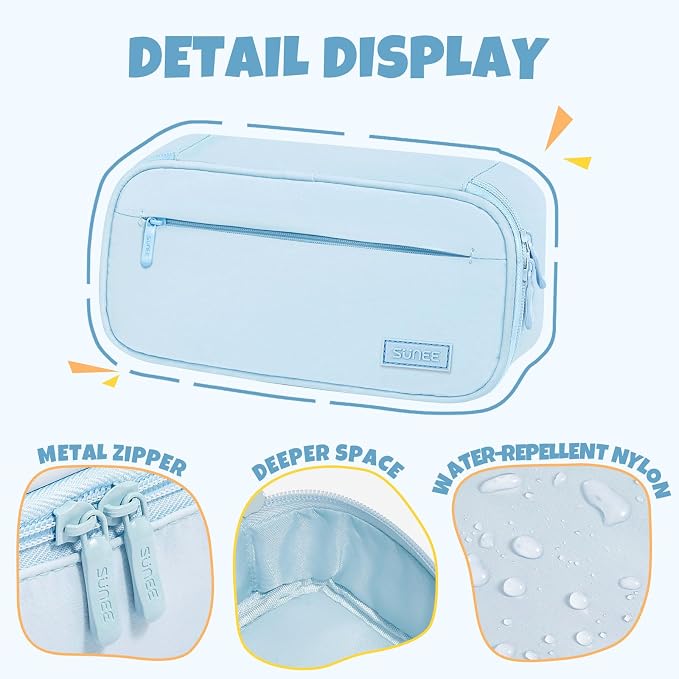 SUNEE Cute Pencil Case, Large Capacity Pencil Pouch, Big Storage Organizer for Stationery, Zipper Pen Bag,Back to School Supplies,Office Water-Repellent Nylon Pencil Bag for Teen Girls Boys,Light Blue