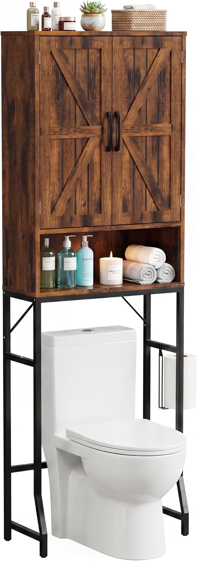 23.6" Over The Toilet Storage Cabinet with Barn Door,Bathroom Organizers and Storage with Adjustable Shelves, Farmhouse Over Toilet Organizer for Bathroom,Restroom,Laundry,Brown