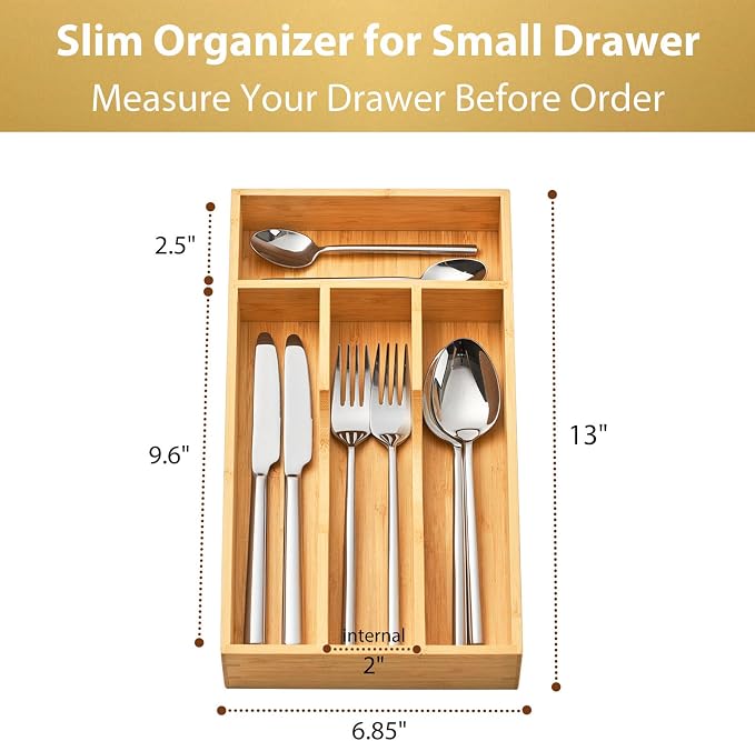 Umilife Bamboo Kitchen Drawer Organizer, 7 Inch Silverware Utensils Tray Holder for Small Drawer, Wood Caddy for Flatware Cutlery Knives