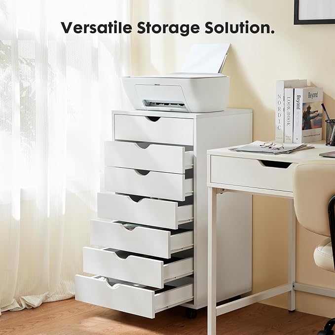 OLIXIS 7 Drawer File Cabinet on Wheels, Printer Stand | Fits Under Desks, Wood Storage Organization Holds Printer, Office Supplies, Not For Hanging Files, For Home Office Use White