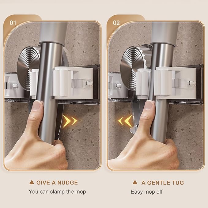 Suction Cup Mop Holder, No Drill Mop and Broom Rack Wall Mounted with Hooks and 2 Clips, Removable Broom Holder Mop Hanger for Bathroom, Kitchen, Office, Utility Room, Laundry, Garage (Clear)