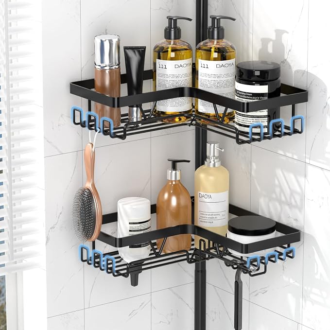 DAOYA Corner Shower Caddy - 4-Tier Shower Caddy Tension Pole with 2 Removable Soap holders Bathroom Shampoo Holder for Bathtub & Corner, Black, Floor to Ceiling 25-114.2 inch