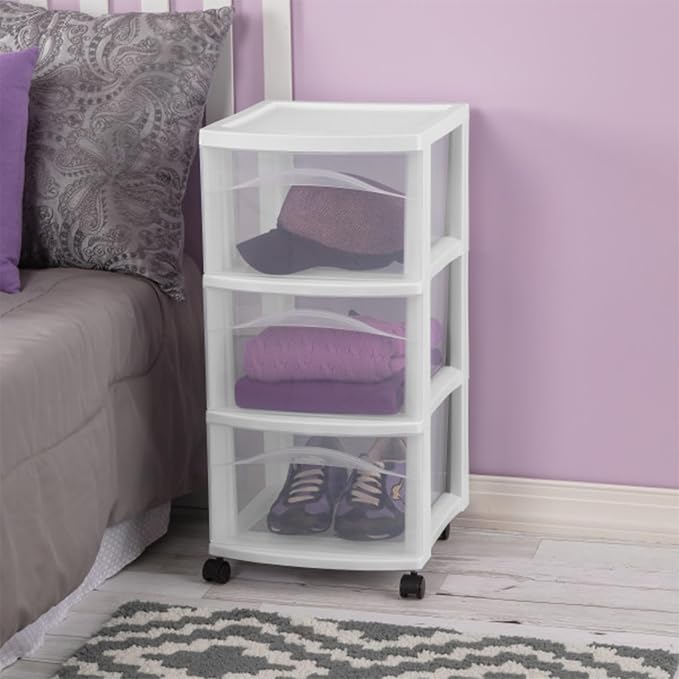 Sterilite 2 Pack 3 Drawer Storage Cart, Plastic Medium Organizer with Wheels, White - Multipurpose Bin for Crafts, Accessories, or Office Supplies