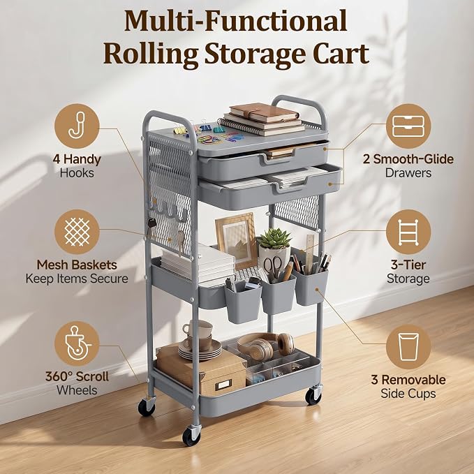 3 Tier Rolling Cart with 2 Drawers, Metal Utility Storage Carts with Wheels | Kitchen Rolling Cart 4.5" Deep Basket, Mesh Side Panel with 3 Cups, 4 Hooks for Office, Bedside, Craft Storage Cart