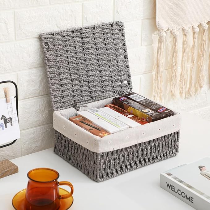 1PC Woven Storage Basket with Lid for Closet Shelf-Grey Small | Bathroom, Closet & Shelf Storage Basket, Sewing & Towel Basket, Blanket & Toy Storage, Woven Basket with Liner