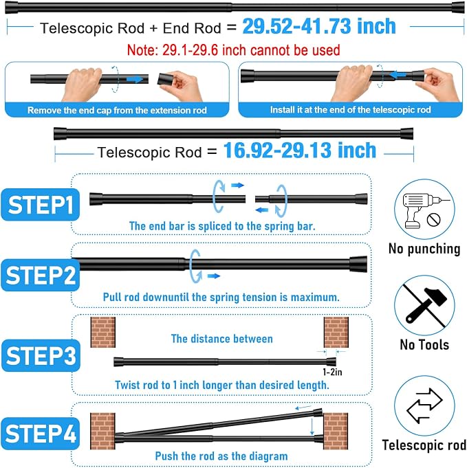 1 Pack Spring Loaded Tension Rod 17-41" Adjustable Curtain Rods No Drill Extendable Spring Rod Tension Curtain Rods For Window Kitchen Shelves Rv Refrigerator And Small Spaces,Black