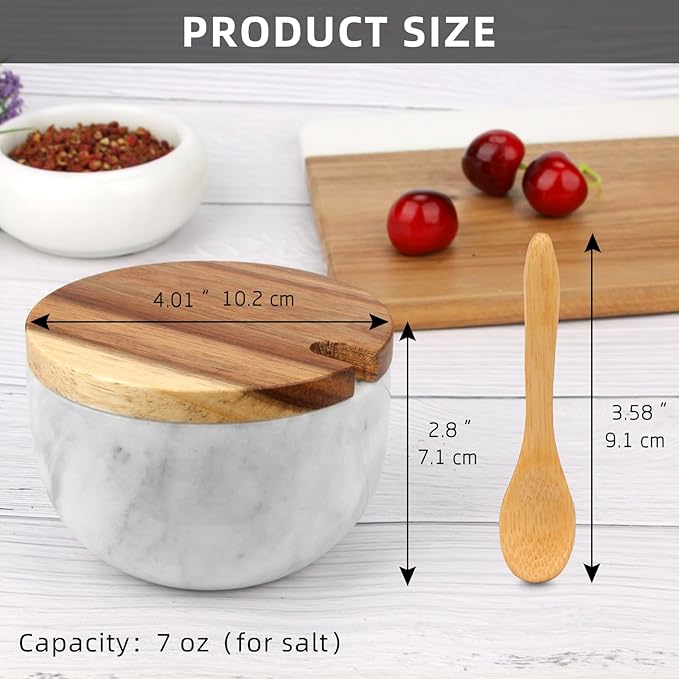 Salt Cellar Box with Lid & Spoon, Modern White Stone Salt or Pepper Sugar Spice Seasoning Bowl Container Jar Holder Well Keeper Dish Pig Crock for Kitchen (Marble Bowl Set)