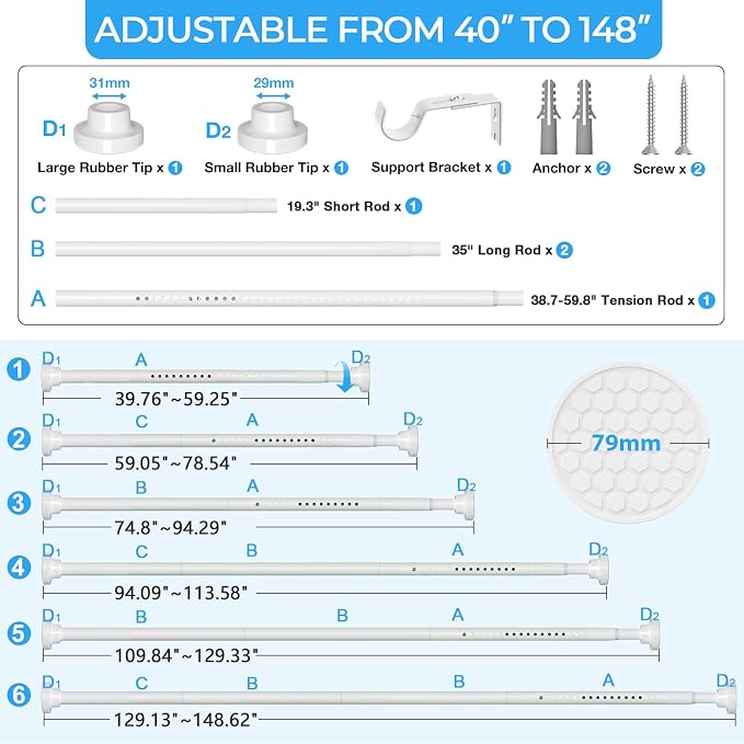 AIZESI Heavy Duty Tension Curtain Rod No Drilling, 40-148 Inch Adjustable Shower Curtain Rod for Bathroom, Window, Closet & Patio, Extra Strong Spring Tension Rod Holds Up to 22 lbs, White