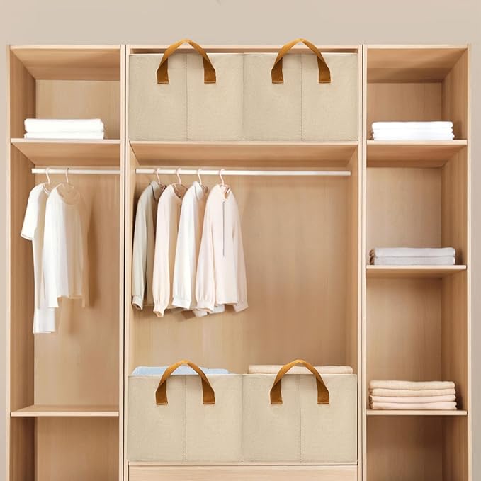 4 Pack Closet Cloth Storage Bins with Handles（ Beige 17''L x 12''W x 10''H）