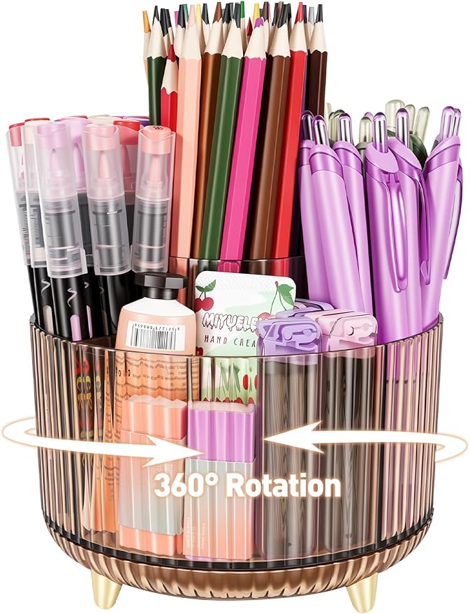 360 Rotating Pen Pencil Holder for Desk, Pen Organizer with 5 Slots, Makeup Brush Holder, Desk Organizer and Accessories, Cute Pencil Cup Caddy for Office School Home Decor Art Supply (Amber)