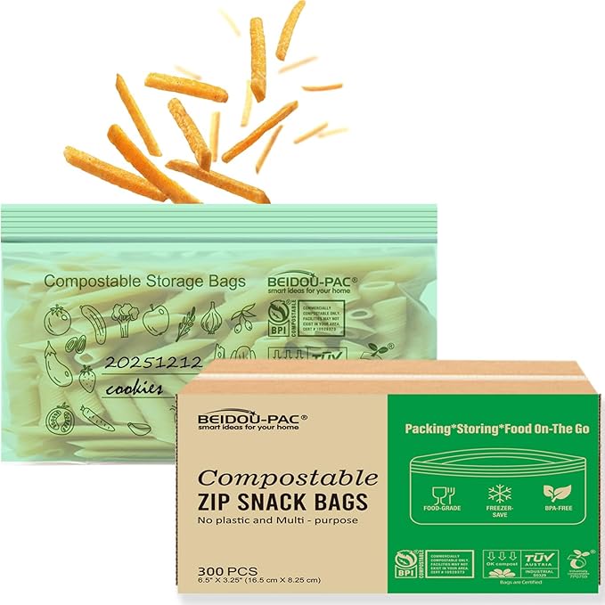 BEIDOU-PAC Compostable Snack Storage Zip Bags, 300 Count | 2 Mil | 6.5 IN x 3.25 IN, Freshness Easy Open Biodegradable Eco-Friendly Reclosable Compost zipper Bags for Food On the Go