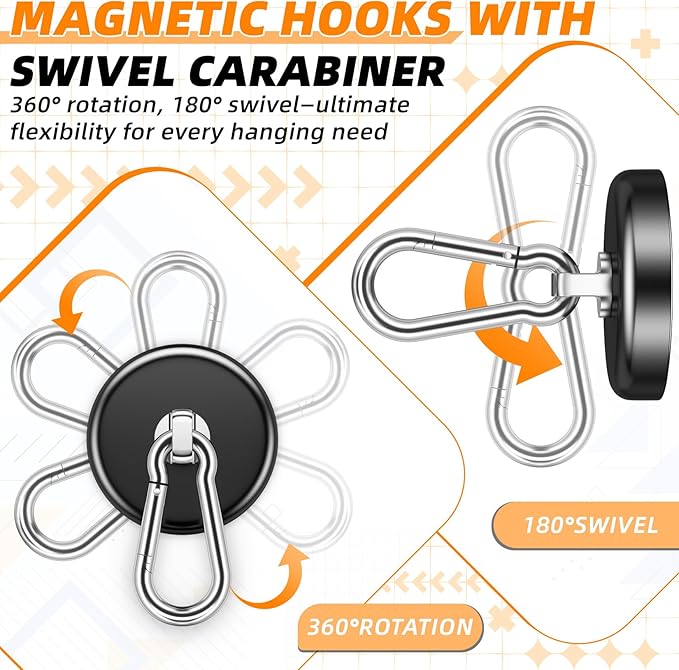 FINDMAG Magnetic Hooks 170LBS Heavy Duty with Carabiner Hook, Strong Magnetic Hooks for Hanging at Home, Office Locker, Workplace, Refrigerator, Cruise Ship or Travel (Black, 4)