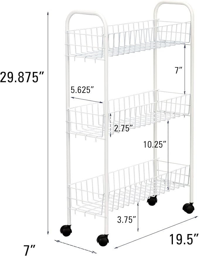 Household Essentials 05121 Slim Line 3-Tier Metal Storage Cart | Laundry Room Rolling Organizer | White