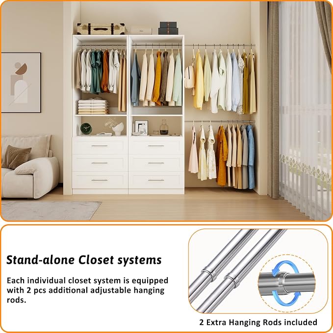 Closet System of 2 Sets, 4FT-10FT Closet Organize System with 6 Wooden Drawers, 4 Hanging Rods & Shelves, Walk in Closet System Storage, Modular Closet System, White(4FT)