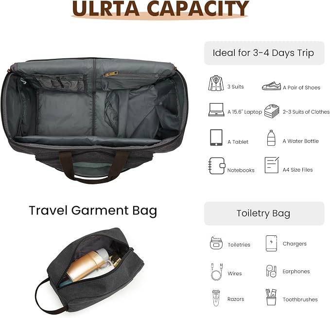 S-ZONE Carry On Garment Bag for Travel Convertible Garment Duffle Bag Suit Bags for Men Women Travel 2 in 1 Hanging Suitcase Business Travel Bag with Toiletry Bag, Black, 50l | 2-in-1 Hanging Suitcase, with Toiletry Bag, Wet/Dry Pockets, Shoe Compartme...