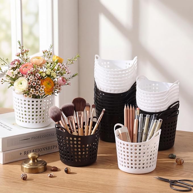 Weysat 36 Pcs Pencil Cup Bulk Plastic Pencil Basket Organizer Desk Basket for Pens Round Pens Holder for Classroom Back to School Office Home Crayon Stationery Organizer Supplies(Black and White)