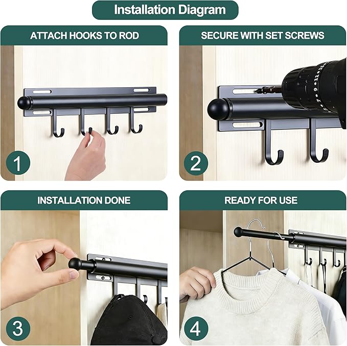 12in，Valet Rod，Valet Rod For Closet Pull Out，（Black） Closet Rod，Hanging Rod，Scalable Slide Out，Valet Hook，Contains 4 Hooks，Used For Wardrobes, Bathrooms, Laundry Rooms, Bedrooms, Wardrobes