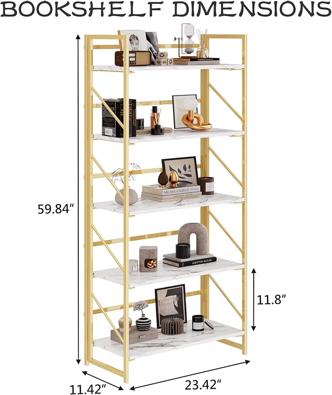 JSB 5 Tier No Assembly Folding Bookshelf, Foldable Storage Bookcase for Home Office, Space-Saving Storage Shelf for Living Room, Bedroom, Office (White&Gold)