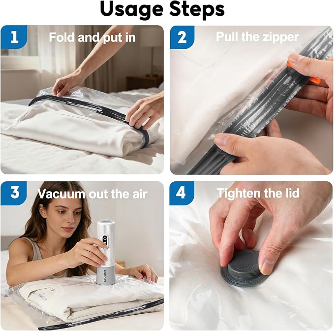 Mapambo Vacuum Seal Bags for Clothing Travel with -60000Pa LED Pump, 9 Pack Travel Cordless Vacuums Bag Set with Pump in 3 Combo Sizes. Vacuums Storage Bags for Clothes (9 Combo)