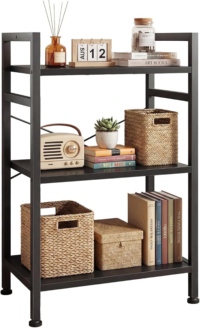 DUMOS 3 Tier Bookshelf, Home Office Bookcase Shelf Storage Organizer | Free Standing Open Display Storage Shelving Unit for Bedroom, Living Room Black