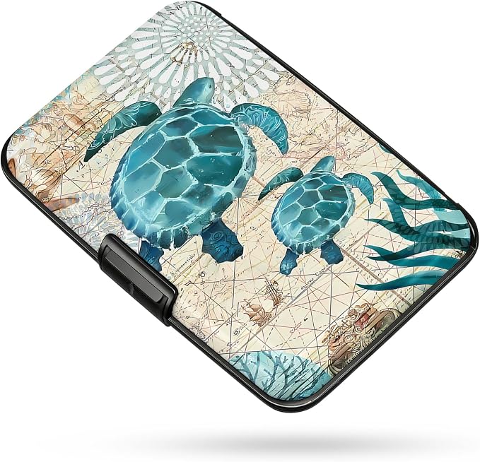 Credit Card Holder RFID Aluminum card case Sea Turtle mini Wallet Women Men | ABS Business ID Case,Hard Case Large Capacity 6 Slots, Waterproof Durable ，Secure Closure Slim Small Credit Card Protector