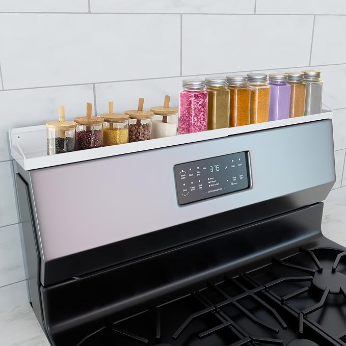 Magnetic Over the Stove Shelf, Extendable（16" to 30" ）Steel Spice Rack Shelf, Above Oven Storage Organizer, Stove Top Shelf for Kitchen Range, Back of Stove & Floating Shelves for Bathroom - White
