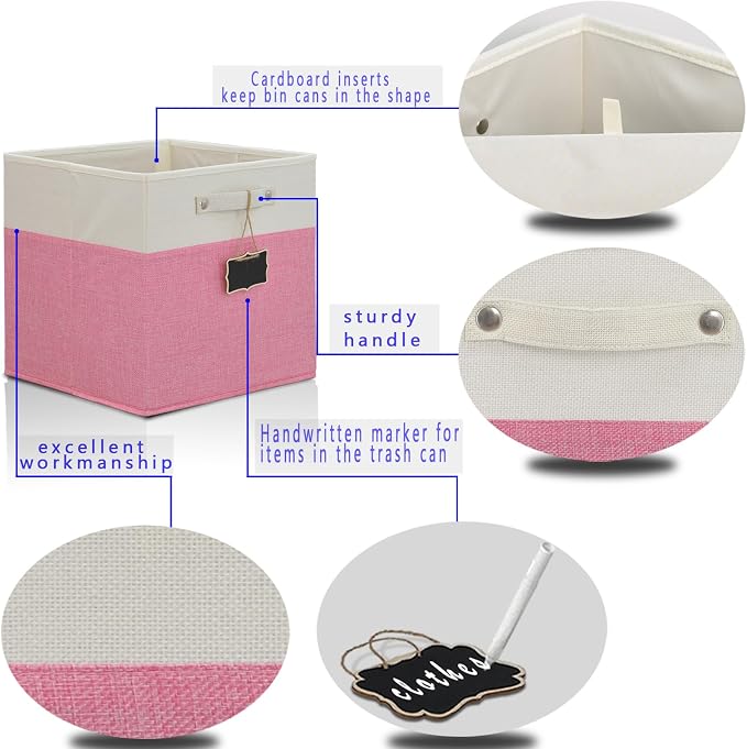 Storage Cubes,13 x 15 x 13 storage cubes,Foldable Fabric Storage Cubes with Labels 4 Pack,Linen Cube Storage Organizer Bins Kallax Storage Cubes for Organizing Shelves Cabinet(White pink).