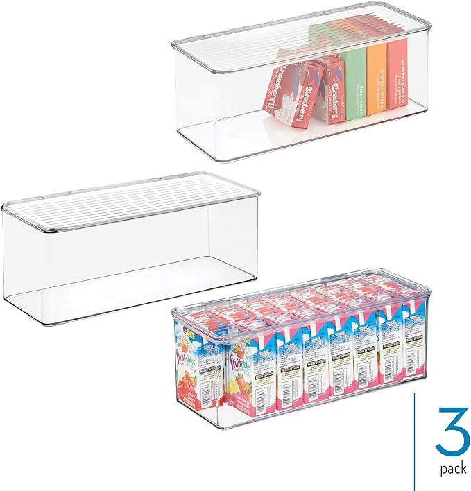 iDesign Plastic Stackable Hinged-Lid Storage Box, Set of 3, Clear | For Kitchen, For Bathroom, For Office