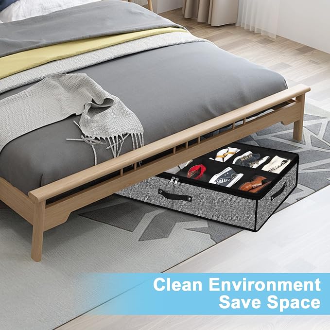 Under Bed Shoe Storage Organizer for Closet 2 Pack- Fits 24 Pairs Underbed Shoes Container Boxes with 2 Sturdy Handles and Clear Window,Foldable Shoe Rack Holder,Black