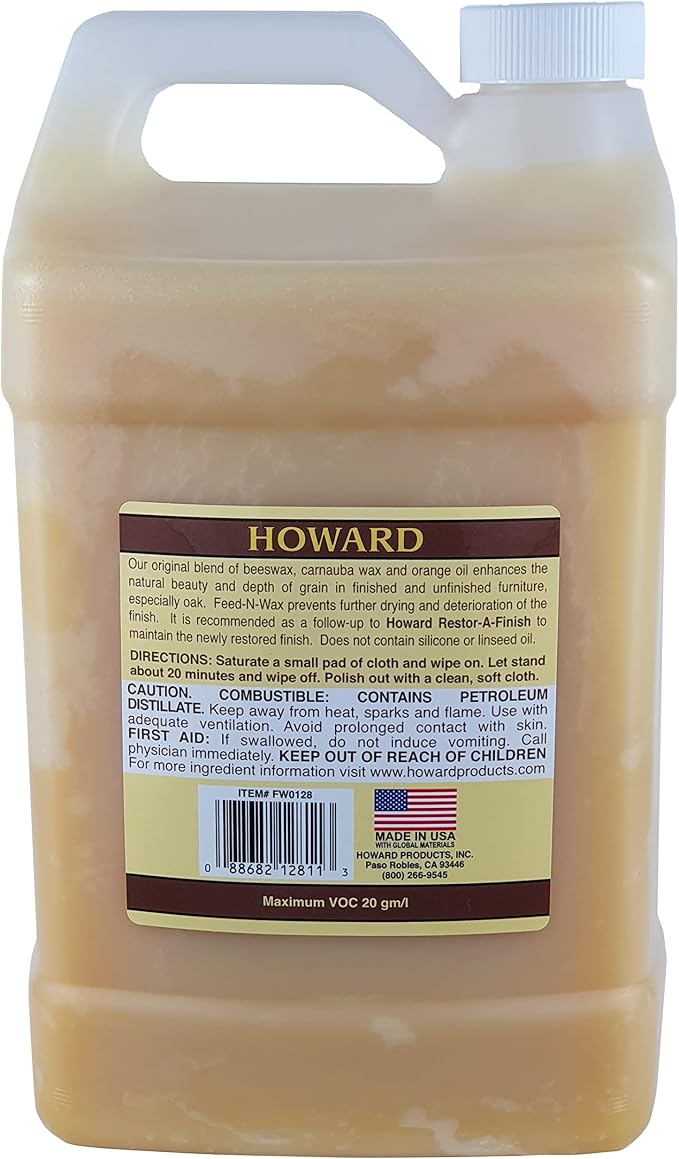 Howard Products Beeswax Wood Polish & Conditioner, Feed-N-Wax for Wood Furniture Polish, 128 Fl oz, Orange