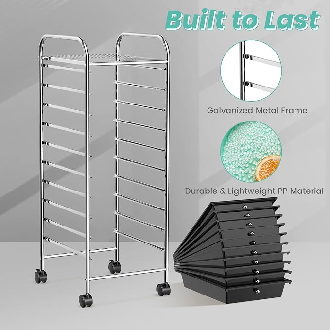 COSTWAY 10-Drawer Rolling Storage Cart, Utility Mobile Trolley | Removable Drawers & Universal Casters & 2 Brakes, Versatile Flexible Drawer Organizer Cart for Home, Office (Black)